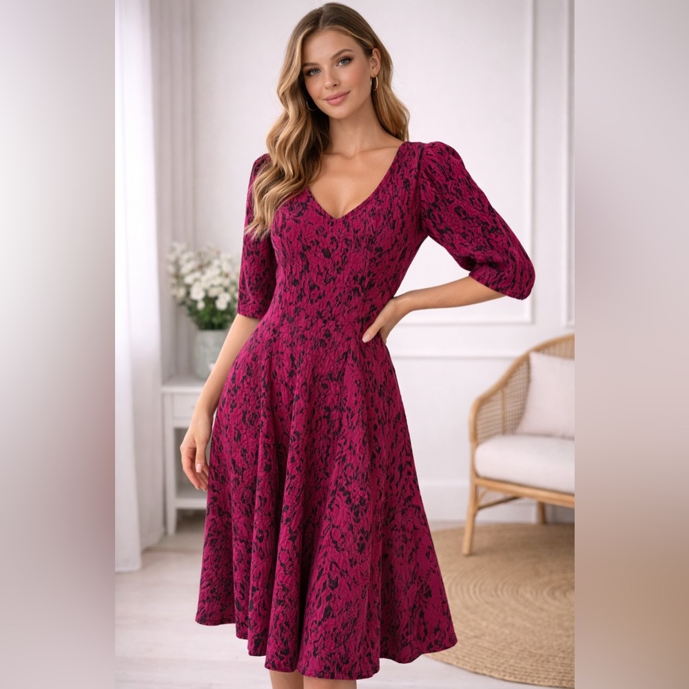 Elegant Long Sleeve Berry magenta Dress knit midi vintage dress S pattern boho